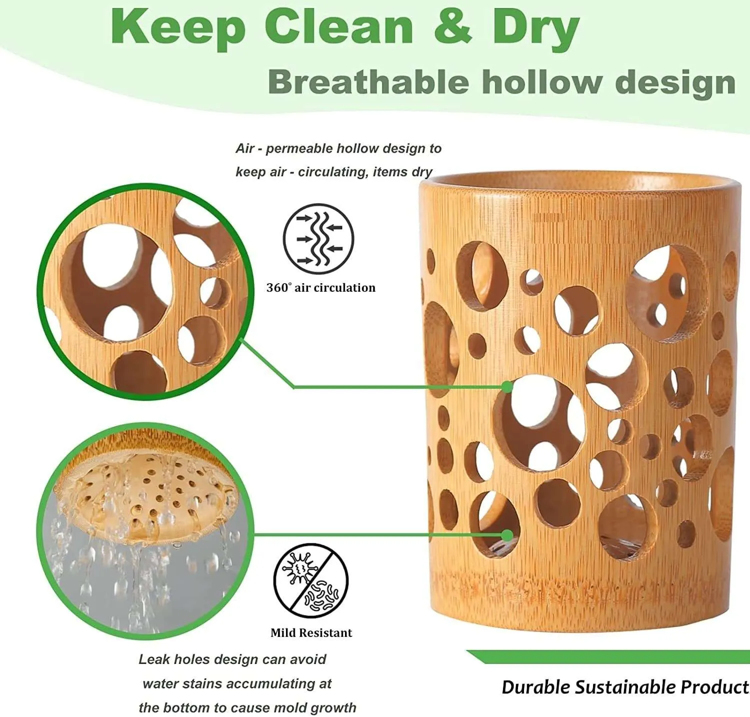 Bamboo Toothbrush Holder With Drainage