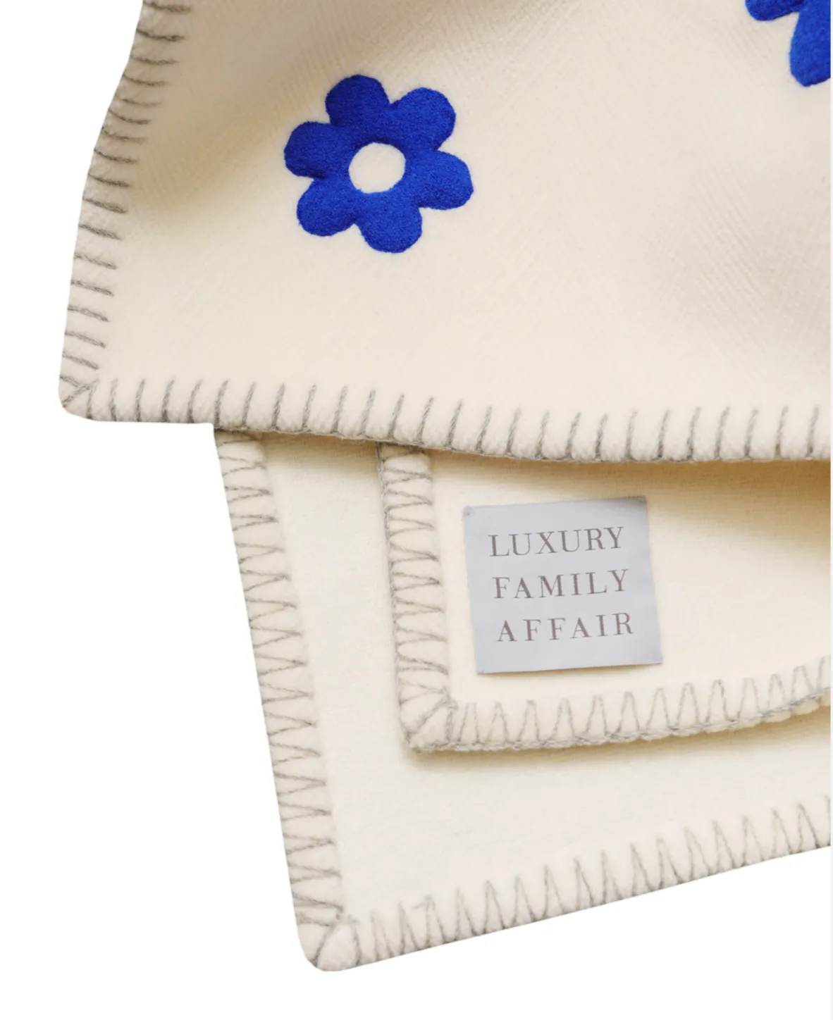 HAPPY HIPPIE White Wool Throw Blanket with Blue Flowers