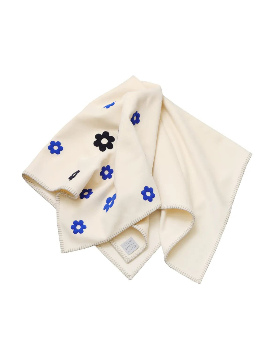 HAPPY HIPPIE White Wool Throw Blanket with Blue Flowers