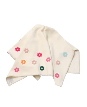 HAPPY HIPPIE White Wool Throw Blanket with Multicolour Flowers