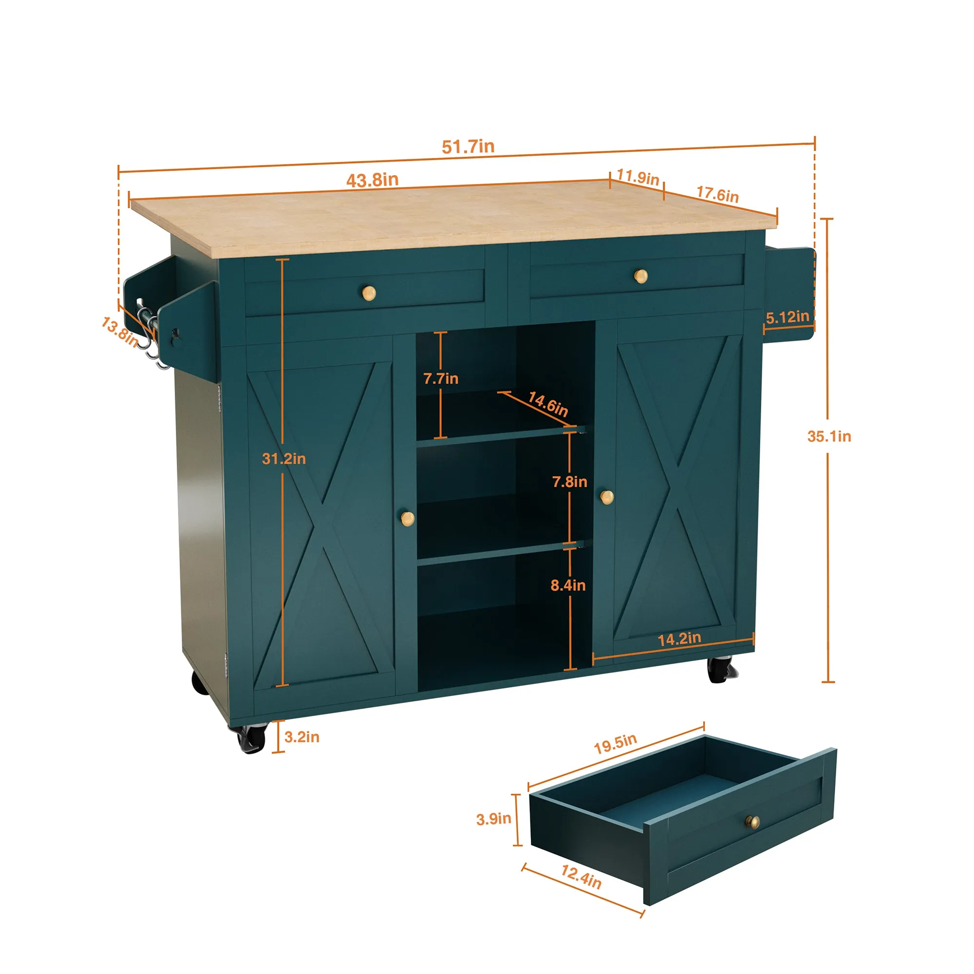 HLR Rolling Kitchen Island with Drop-Leaf Countertop & Barn Door Design, Storage Cabinet & Tower Rack  Mobile Cart for Kitchen