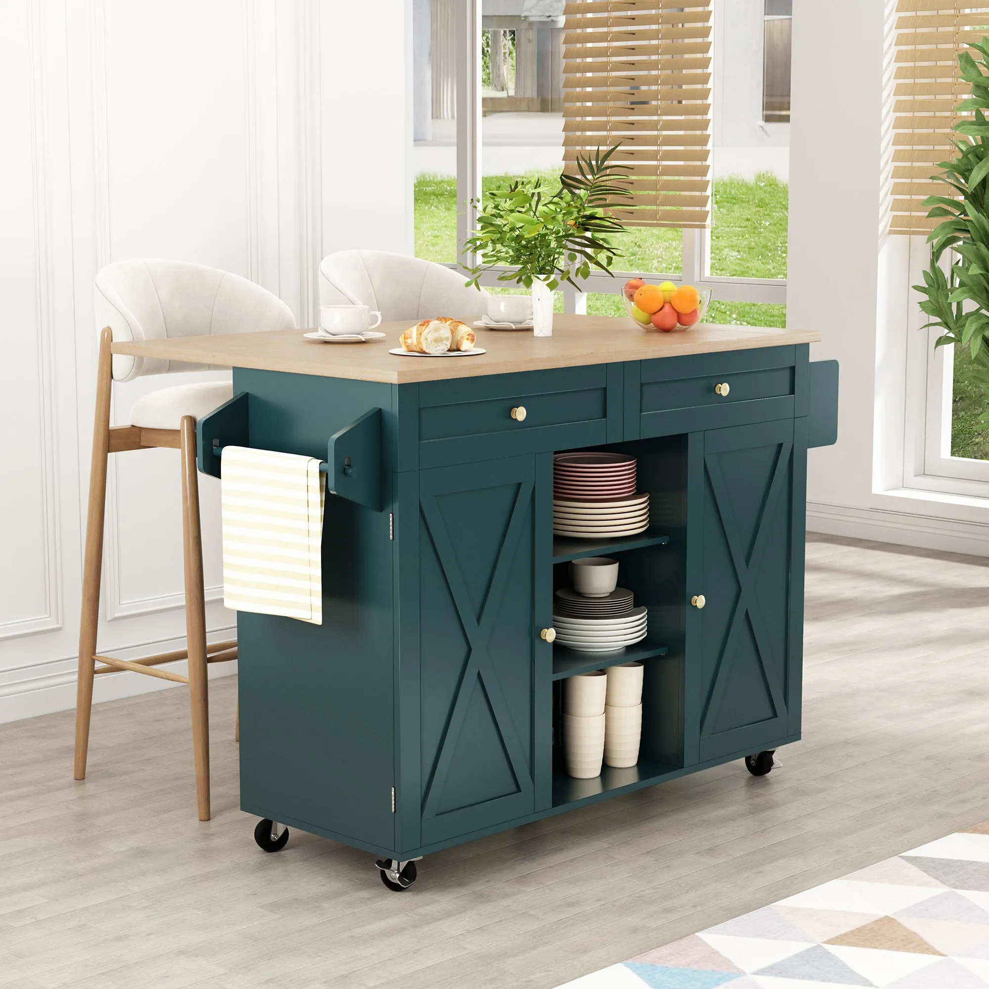 HLR Rolling Kitchen Island with Drop-Leaf Countertop & Barn Door Design, Storage Cabinet & Tower Rack  Mobile Cart for Kitchen