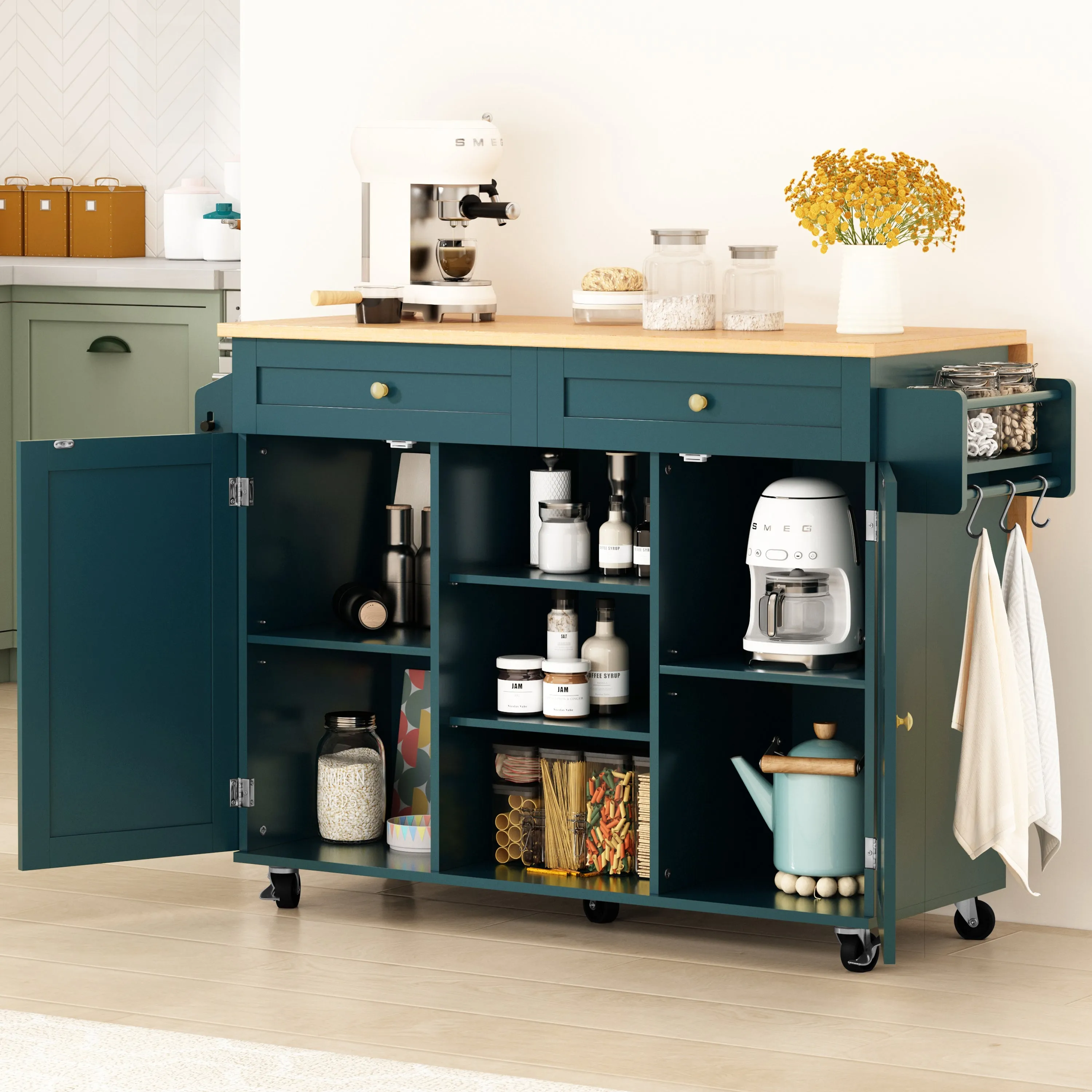 HLR Rolling Kitchen Island with Drop-Leaf Countertop & Barn Door Design, Storage Cabinet & Tower Rack  Mobile Cart for Kitchen
