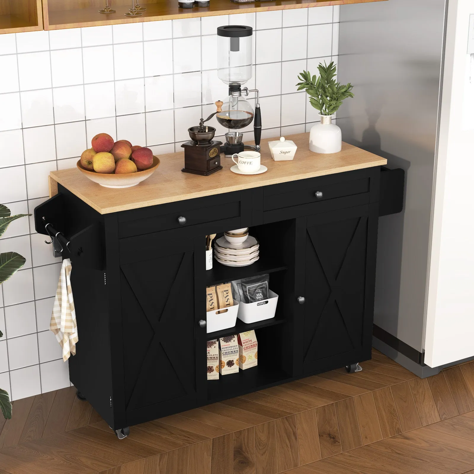 HLR Rolling Kitchen Island with Drop-Leaf Countertop & Barn Door Design, Storage Cabinet & Tower Rack  Mobile Cart for Kitchen