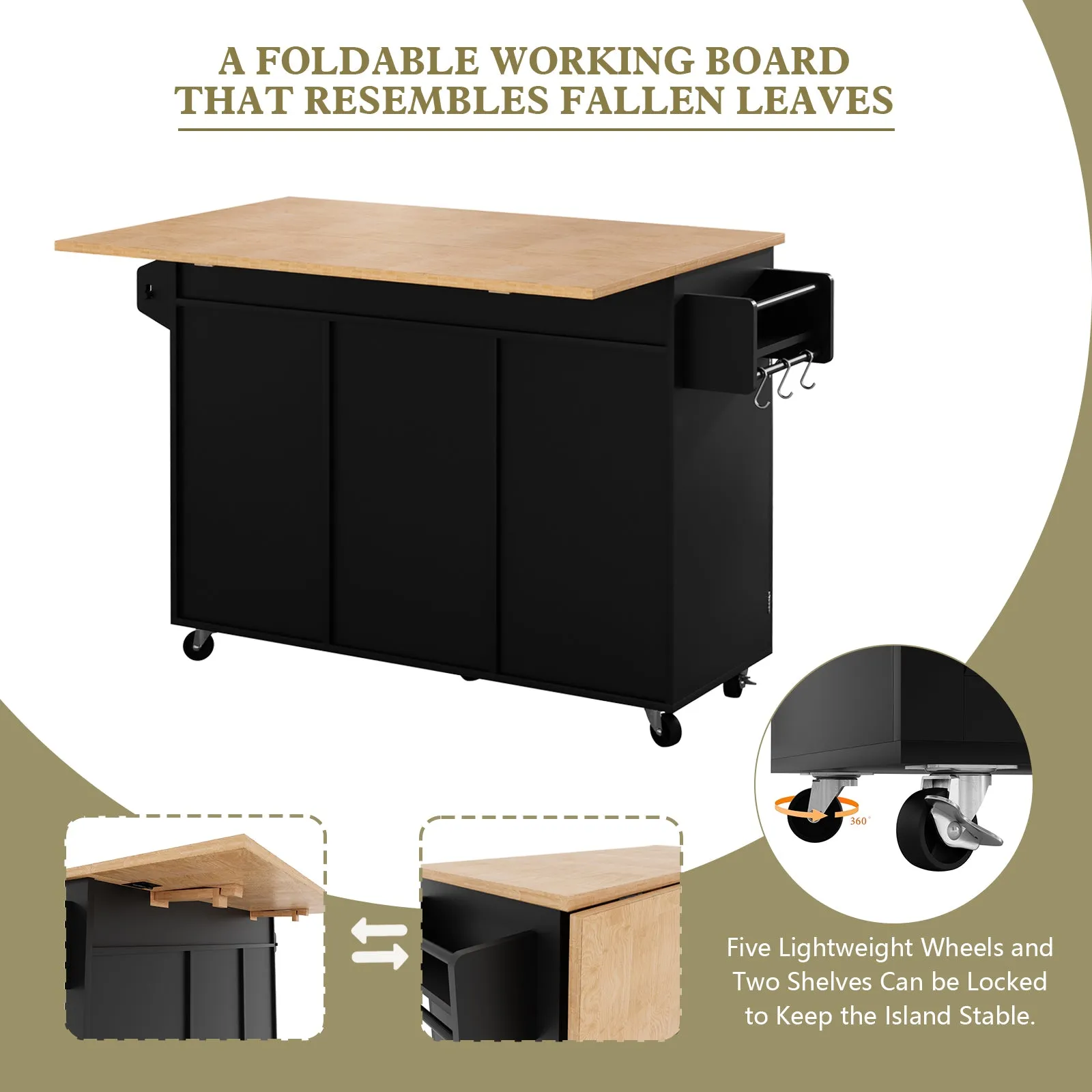 HLR Rolling Kitchen Island with Drop-Leaf Countertop & Barn Door Design, Storage Cabinet & Tower Rack  Mobile Cart for Kitchen