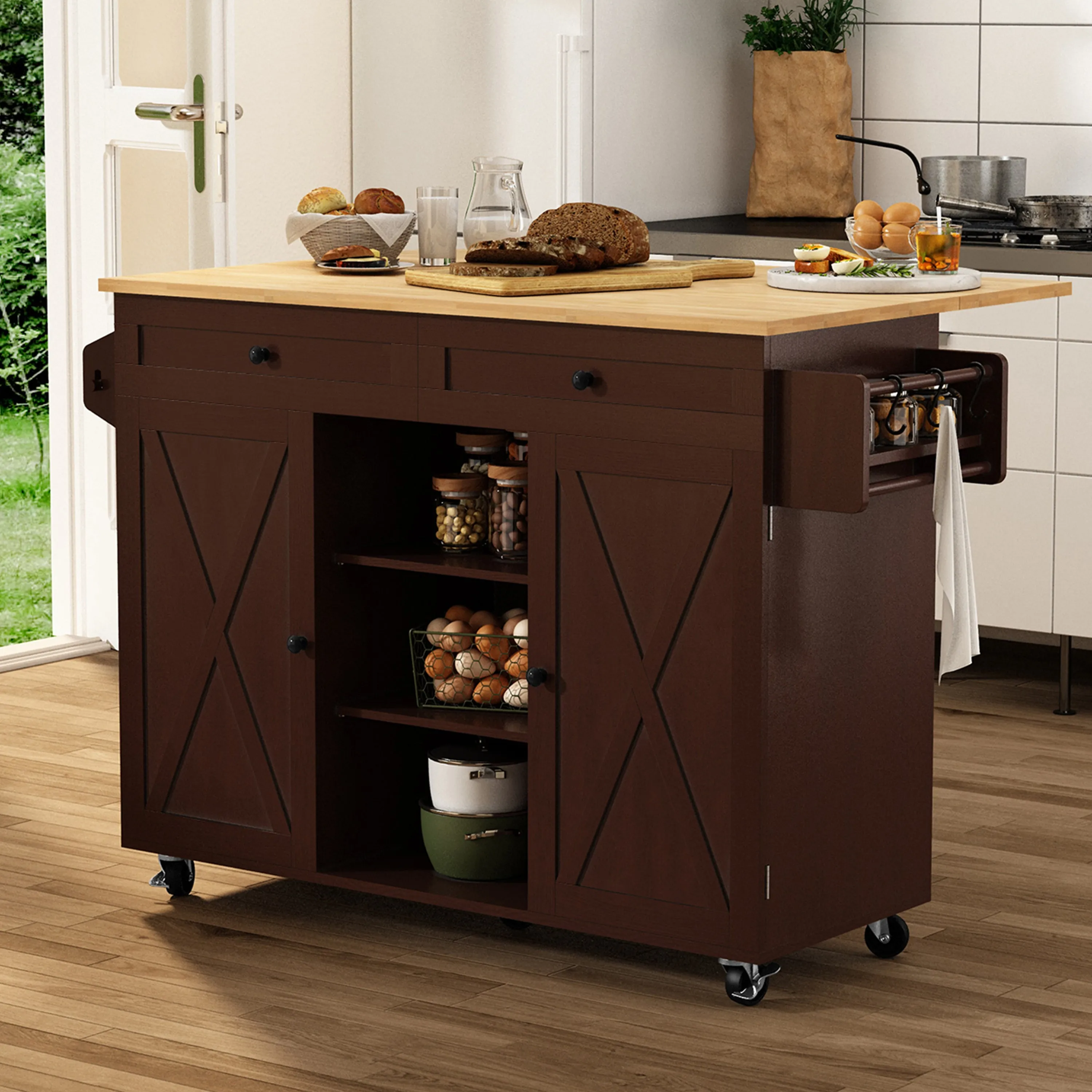 HLR Rolling Kitchen Island with Drop-Leaf Countertop & Barn Door Design, Storage Cabinet & Tower Rack  Mobile Cart for Kitchen