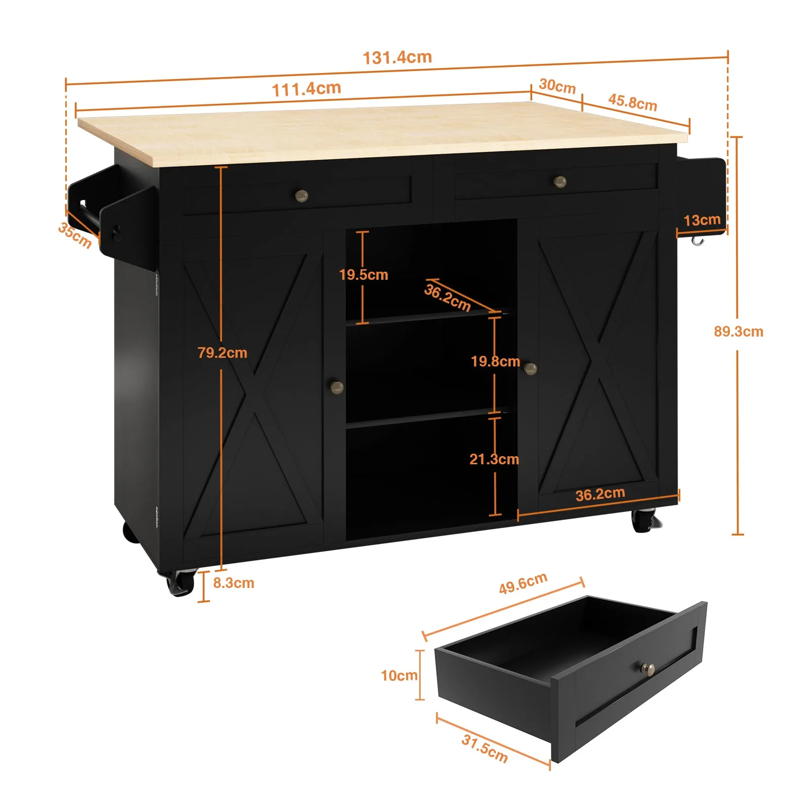 HLR Rolling Kitchen Island with Drop-Leaf Countertop & Barn Door Design, Storage Cabinet & Tower Rack  Mobile Cart for Kitchen