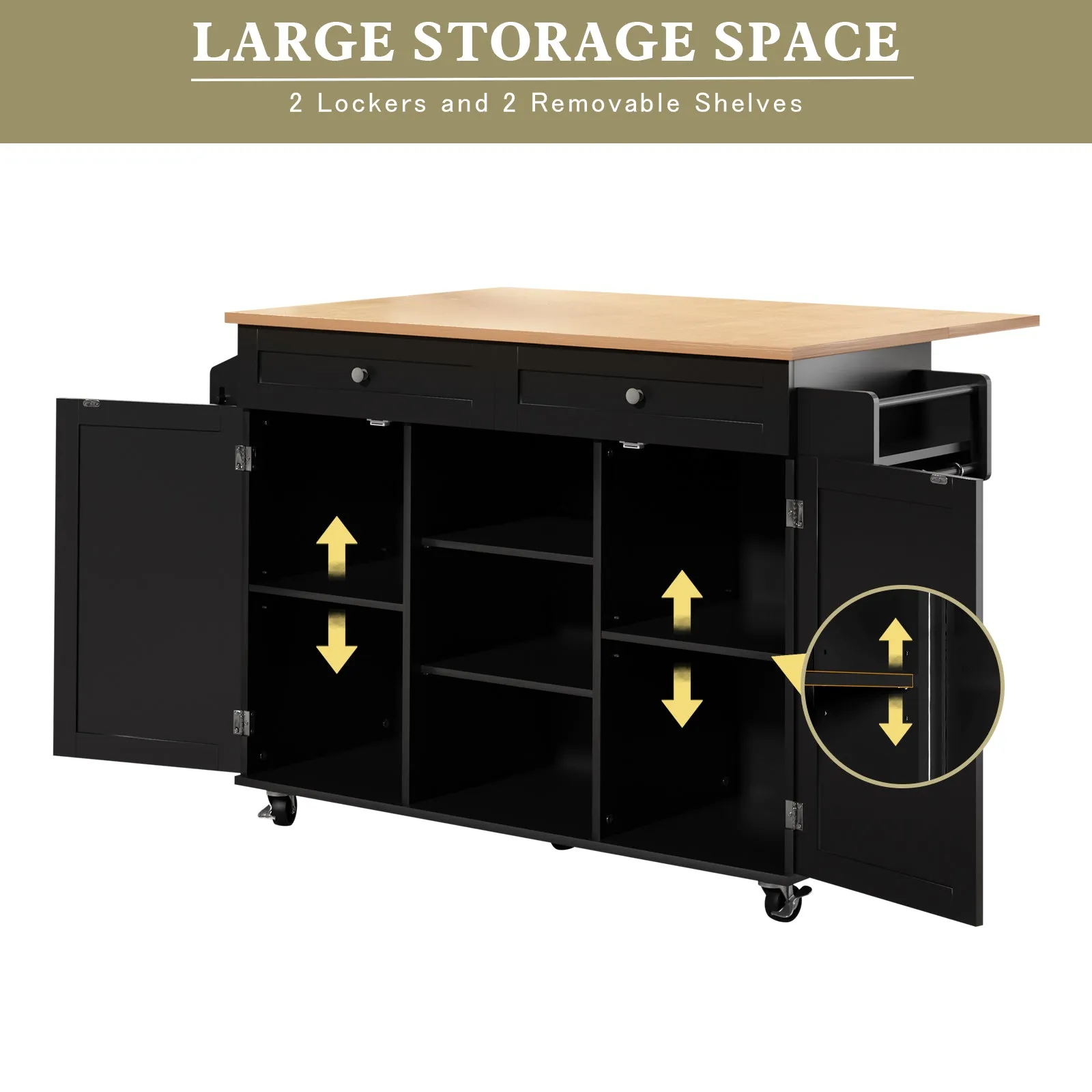 HLR Rolling Kitchen Island with Drop-Leaf Countertop & Barn Door Design, Storage Cabinet & Tower Rack  Mobile Cart for Kitchen