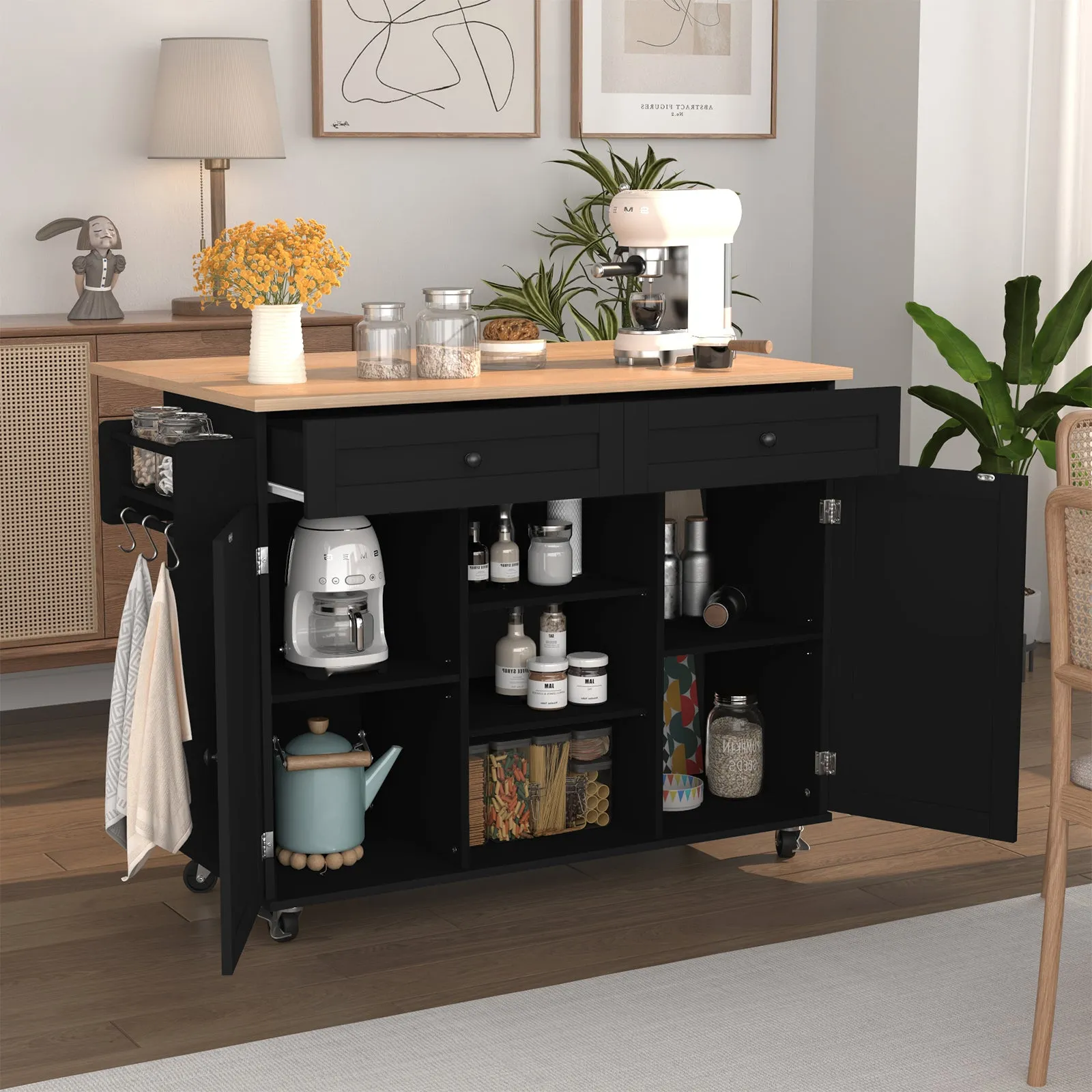 HLR Rolling Kitchen Island with Drop-Leaf Countertop & Barn Door Design, Storage Cabinet & Tower Rack  Mobile Cart for Kitchen