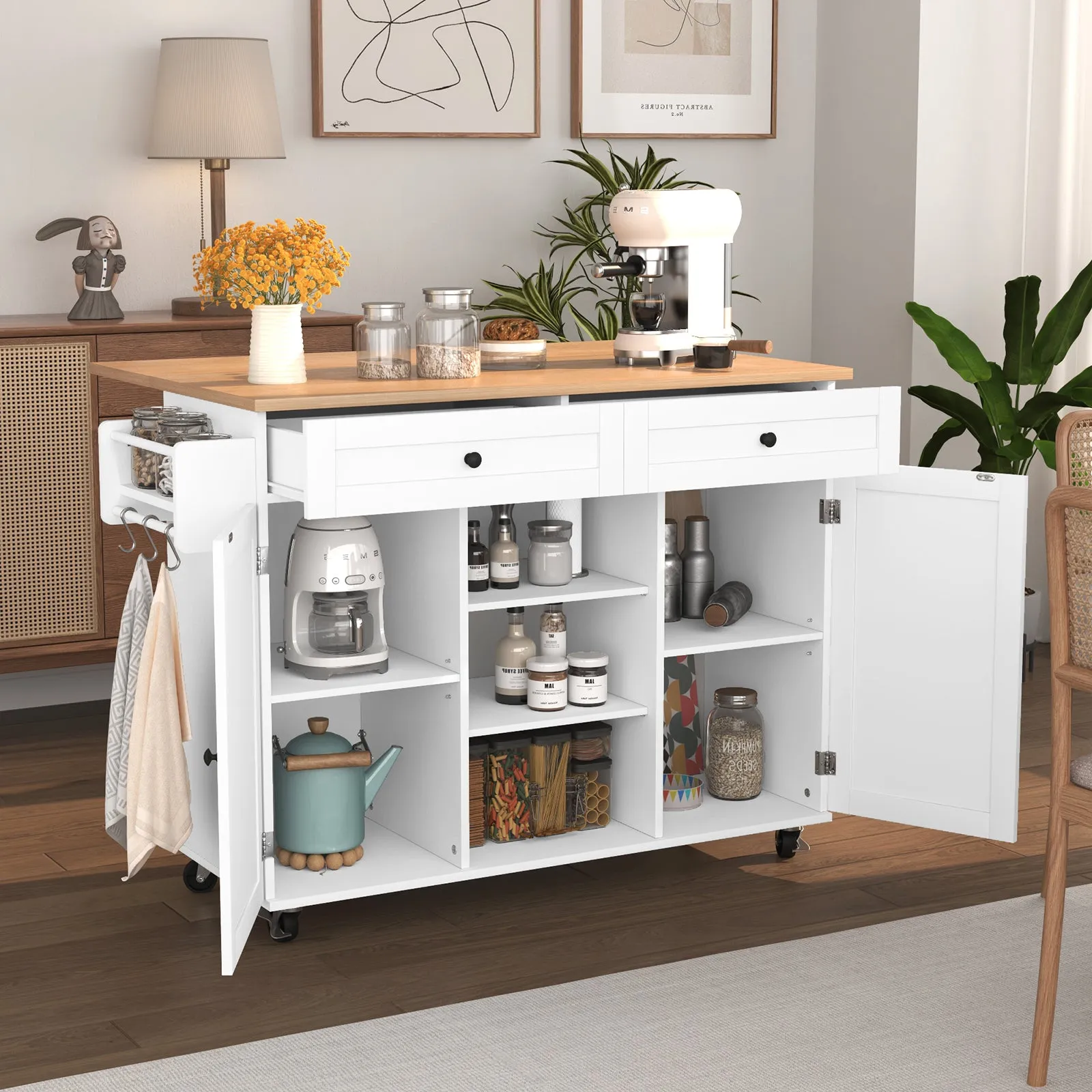 HLR Rolling Kitchen Island with Drop-Leaf Countertop & Barn Door Design, Storage Cabinet & Tower Rack  Mobile Cart for Kitchen