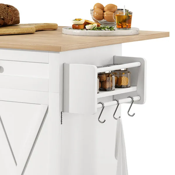 HLR Rolling Kitchen Island with Drop-Leaf Countertop & Barn Door Design, Storage Cabinet & Tower Rack  Mobile Cart for Kitchen