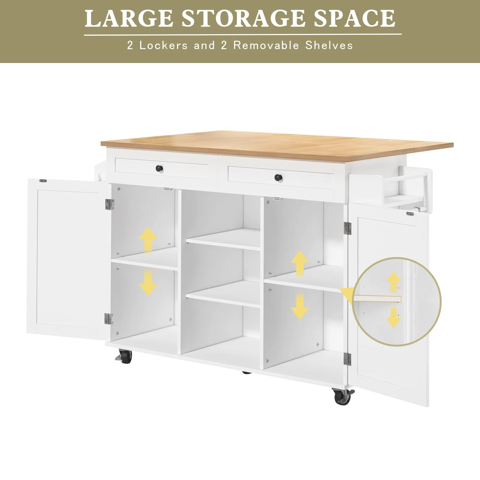 HLR Rolling Kitchen Island with Drop-Leaf Countertop & Barn Door Design, Storage Cabinet & Tower Rack  Mobile Cart for Kitchen
