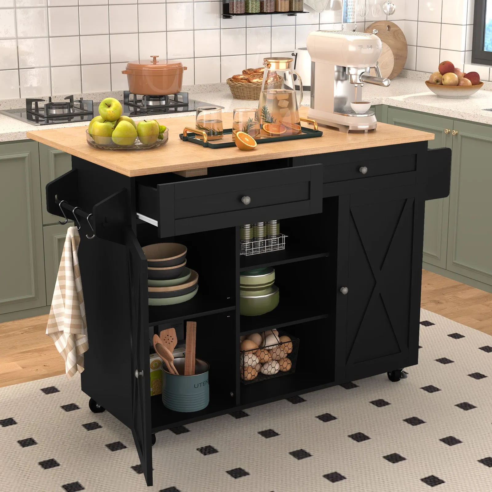HLR Rolling Kitchen Island with Drop-Leaf Countertop & Barn Door Design, Storage Cabinet & Tower Rack  Mobile Cart for Kitchen