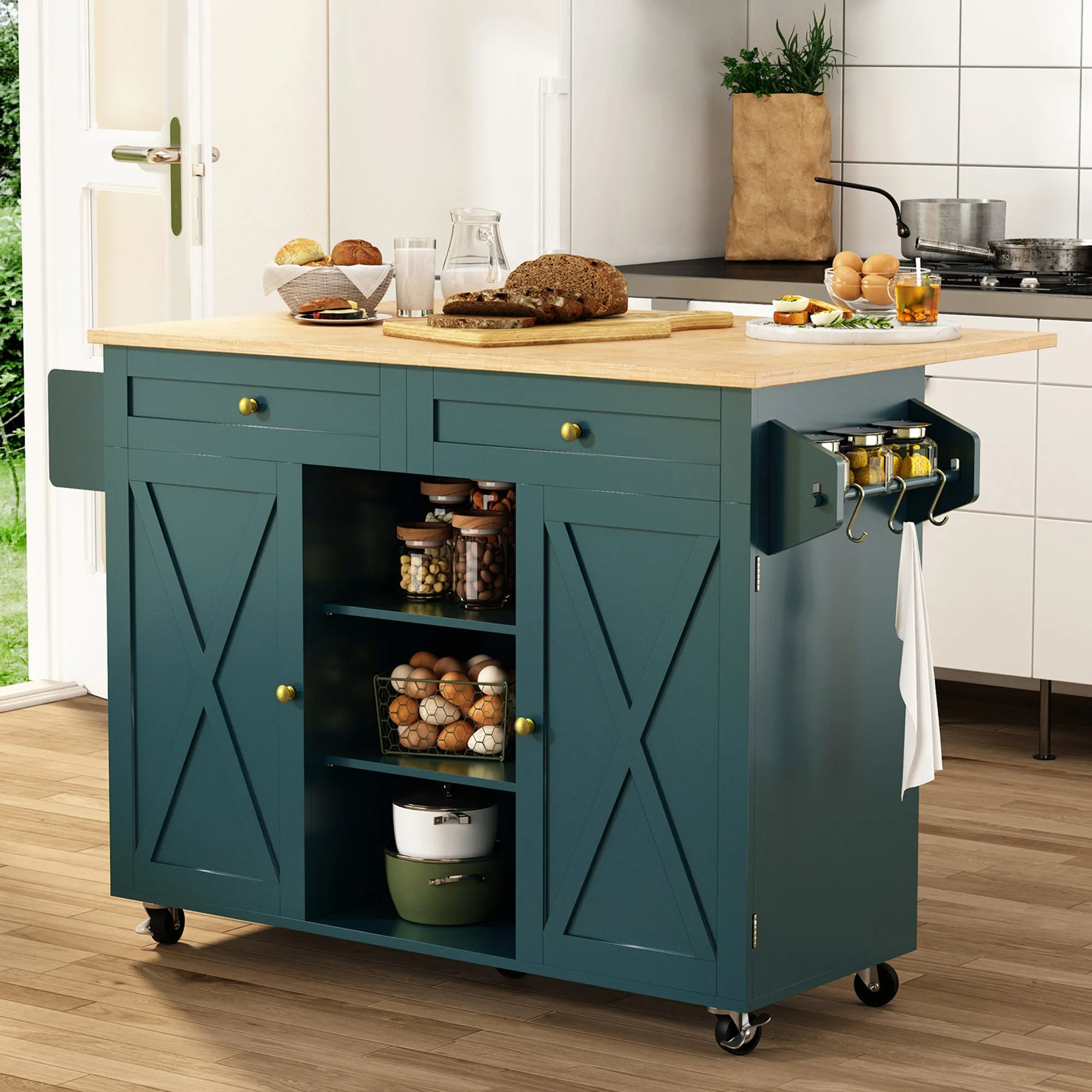 HLR Rolling Kitchen Island with Drop-Leaf Countertop & Barn Door Design, Storage Cabinet & Tower Rack  Mobile Cart for Kitchen