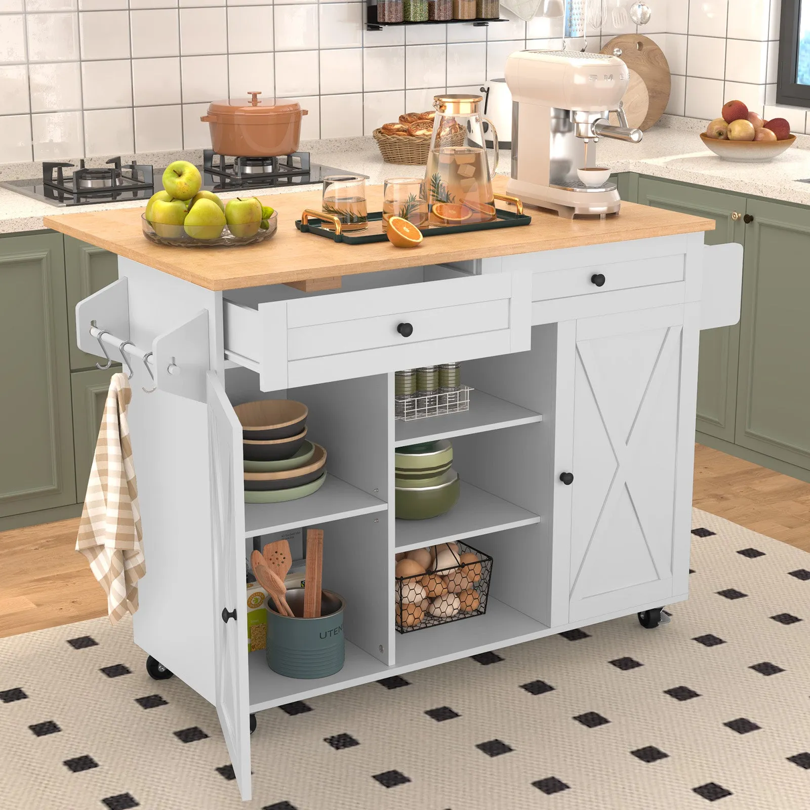 HLR Rolling Kitchen Island with Drop-Leaf Countertop & Barn Door Design, Storage Cabinet & Tower Rack  Mobile Cart for Kitchen