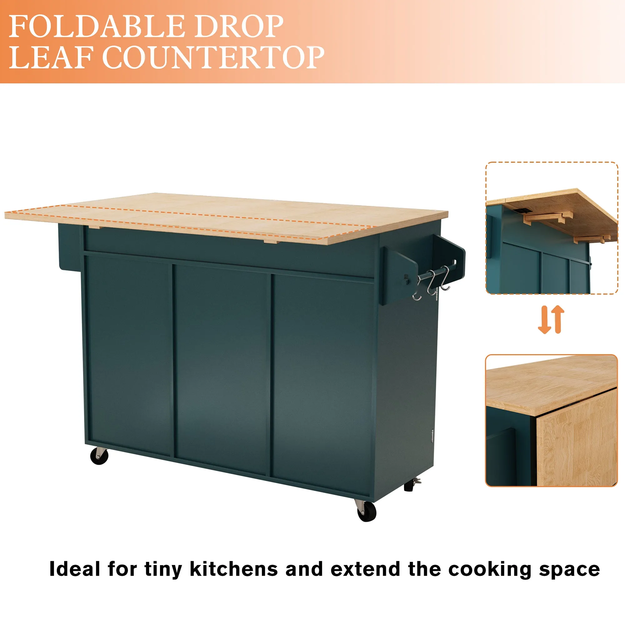 HLR Rolling Kitchen Island with Drop-Leaf Countertop & Barn Door Design, Storage Cabinet & Tower Rack  Mobile Cart for Kitchen