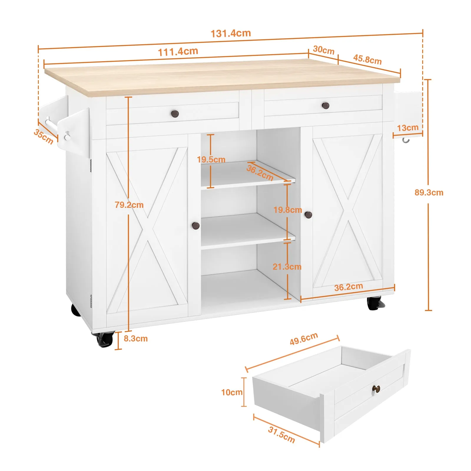 HLR Rolling Kitchen Island with Drop-Leaf Countertop & Barn Door Design, Storage Cabinet & Tower Rack  Mobile Cart for Kitchen