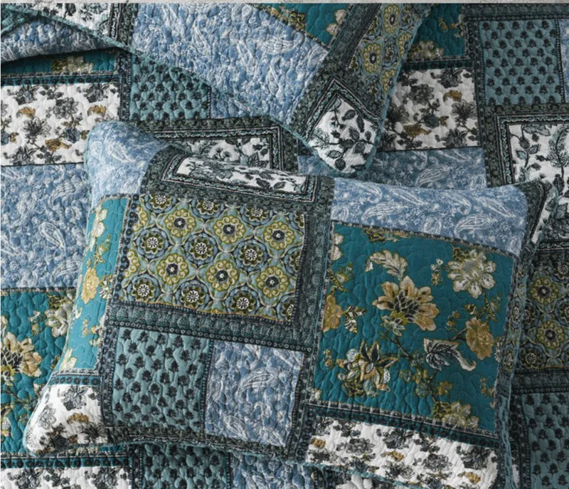 Teal Floral Patchwork Cotton 3 Piece Bedspread Bedding Set