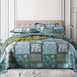 Teal Floral Patchwork Cotton 3 Piece Bedspread Bedding Set