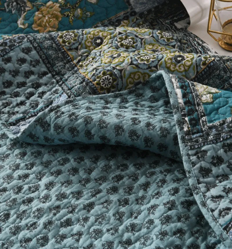Teal Floral Patchwork Cotton 3 Piece Bedspread Bedding Set