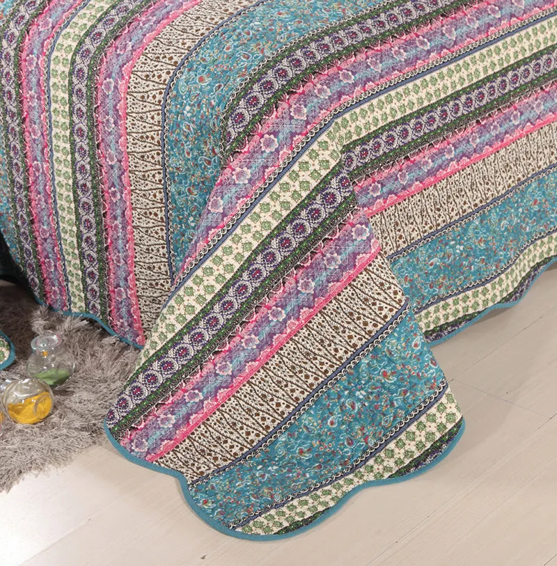 Teal Multi Horizontal Geometrical Cotton 3 Piece Bedspread Bedding Set