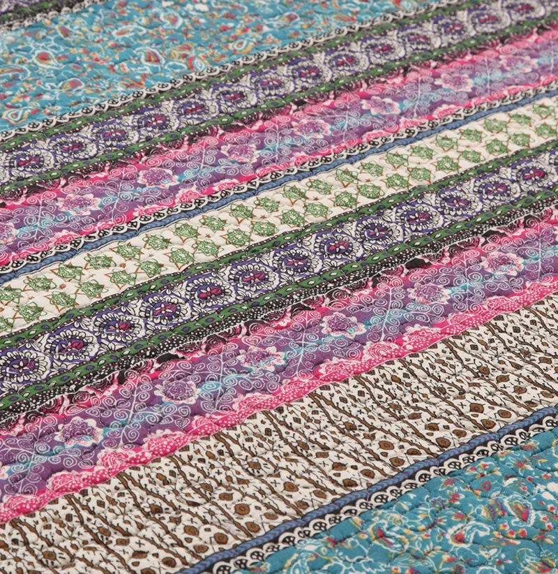 Teal Multi Horizontal Geometrical Cotton 3 Piece Bedspread Bedding Set