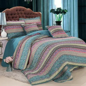 Teal Multi Horizontal Geometrical Cotton 3 Piece Bedspread Bedding Set