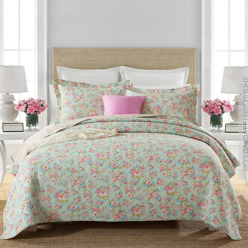 Teal Pink Floral Cotton 3 Piece Bedspread Bedding Set Light Weight Quilt