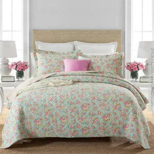 Teal Pink Floral Cotton 3 Piece Bedspread Bedding Set Light Weight Quilt